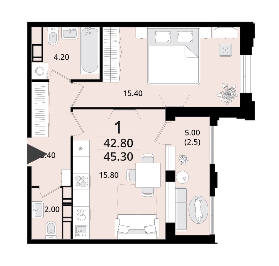 1-комнатная квартира 45.3 м², 6/13 эт., ЖК «Тайм Сквер»